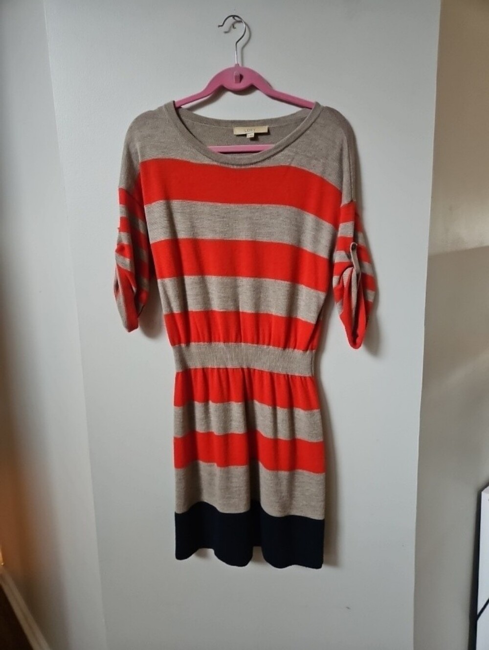 Loft Women’s Striped Knit Dress Tan/Orange/ Navy Colors 3/4 Sleeve Medium